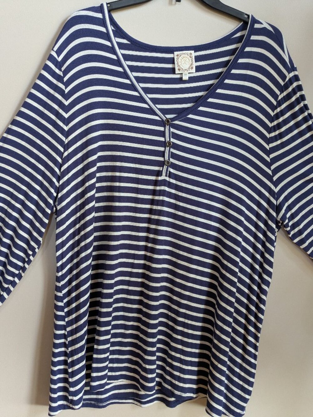 truself top blue white 1/4 button up sleeves size 2X #269